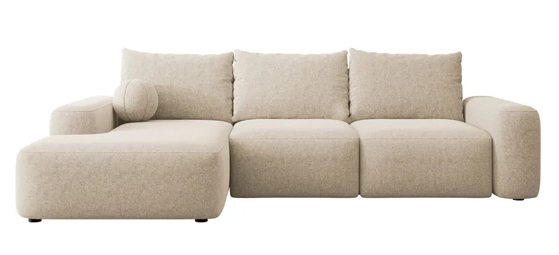 Ecksofa mit Schlaffunktion Carnos, L-förmig, mit Ball, einzelne Kissen, beiger hydrophober Chenille, linksseitig