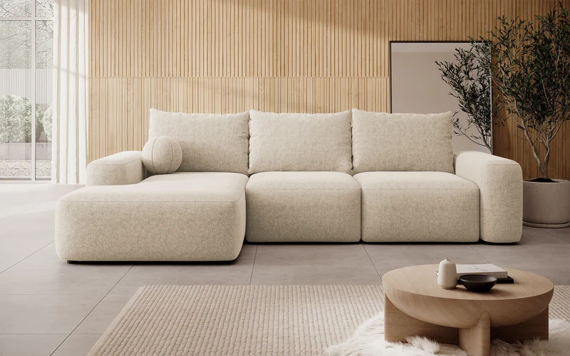 Ecksofa mit Schlaffunktion Carnos, L-förmig, mit Ball, einzelne Kissen, beiger hydrophober Chenille, linksseitig