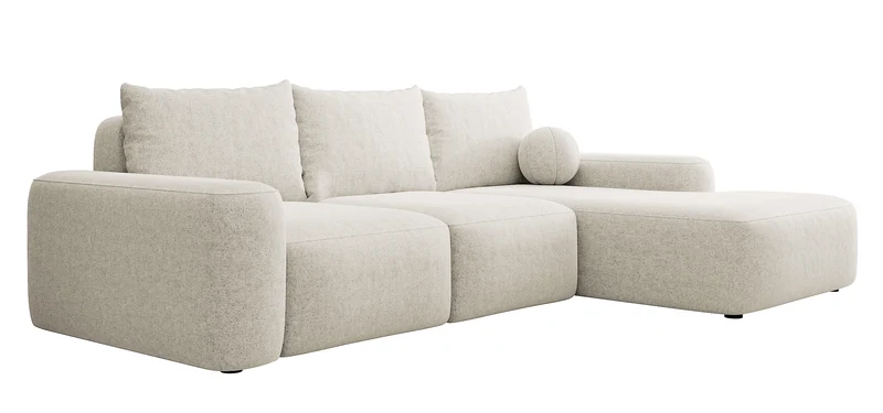 Ecksofa mit Schlaffunktion Carnos, L-förmig mit Ball, einzelne Kissen, cremefarbenes hydrophobes Chenille, rechtsseitig