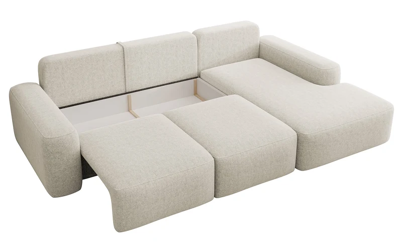 Ecksofa mit Schlaffunktion Carnos, L-förmig mit Ball, einzelne Kissen, cremefarbenes hydrophobes Chenille, rechtsseitig