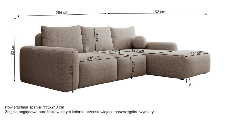 Ecksofa mit Schlaffunktion Carnos, L-förmig mit Ball, einzelne Kissen, cremefarbenes hydrophobes Chenille, rechtsseitig