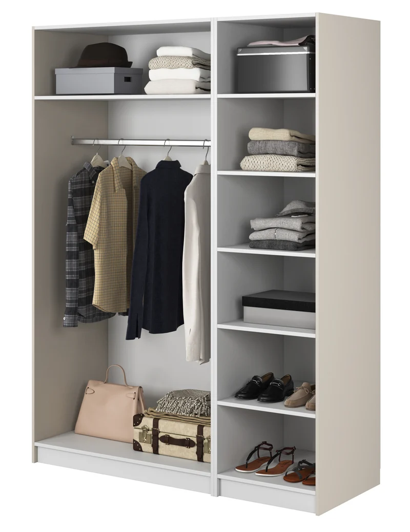 Drehtürenschrank Moonir mit langer Kleiderstange und sieben Regalböden, 150 cm, Grau-Beige