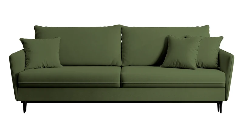Dreisitziges ausklappbares Sofa Volio, olivfarben, Samt, wasserabweisend, schwarze Beine