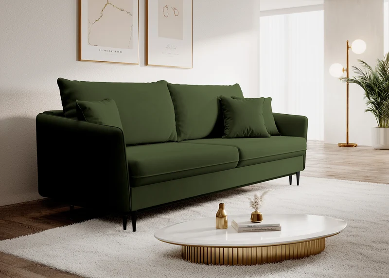 Dreisitziges ausklappbares Sofa Volio, olivfarben, Samt, wasserabweisend, schwarze Beine