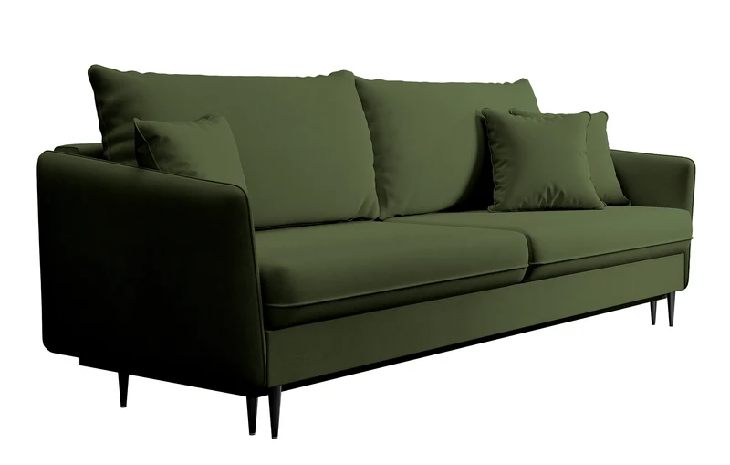 Dreisitziges ausklappbares Sofa Volio, olivfarben, Samt, wasserabweisend, schwarze Beine