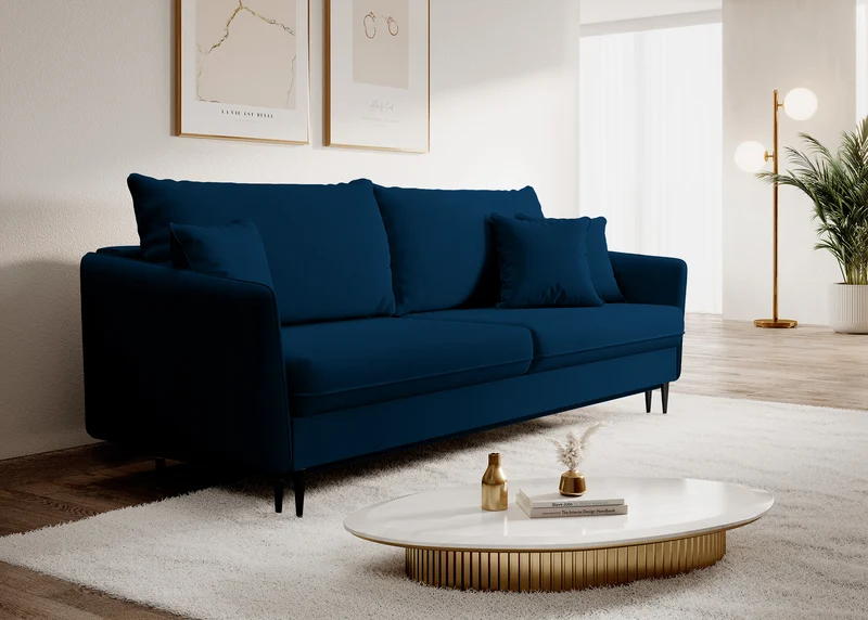 Dreisitziges ausklappbares Sofa Volio, samtblau, wasserabweisend, schwarze Beine