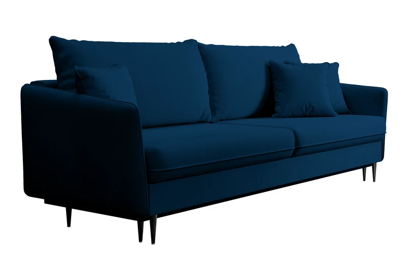 Dreisitziges ausklappbares Sofa Volio, samtblau, wasserabweisend, schwarze Beine