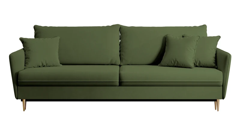 Dreisitziges ausklappbares Sofa Volio, olivgrüner Samt, wasserabweisend, goldene Beine