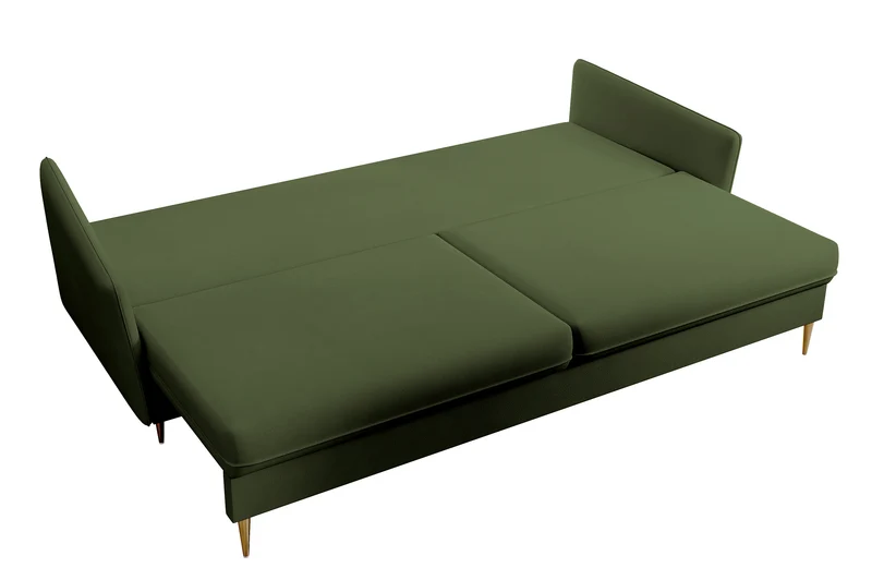Dreisitziges ausklappbares Sofa Volio, olivgrüner Samt, wasserabweisend, goldene Beine