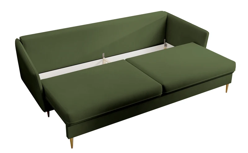 Dreisitziges ausklappbares Sofa Volio, olivgrüner Samt, wasserabweisend, goldene Beine