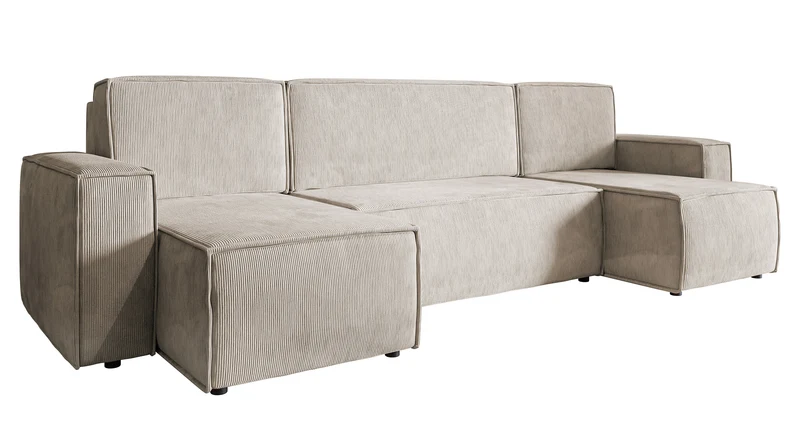 U-förmige Eckcouch Copertino mit Schlafunktion und Stauraum, universell beige Cordstoff