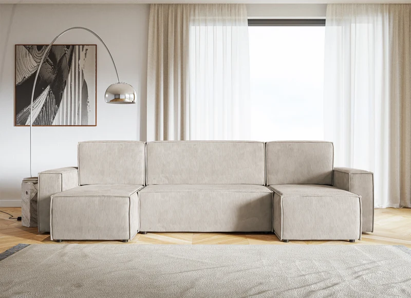 U-förmige Eckcouch Copertino mit Schlafunktion und Stauraum, universell beige Cordstoff