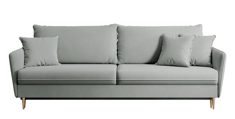 Dreisitziges ausklappbares Sofa Volio, grau, samt, wasserabweisend, goldene Beine