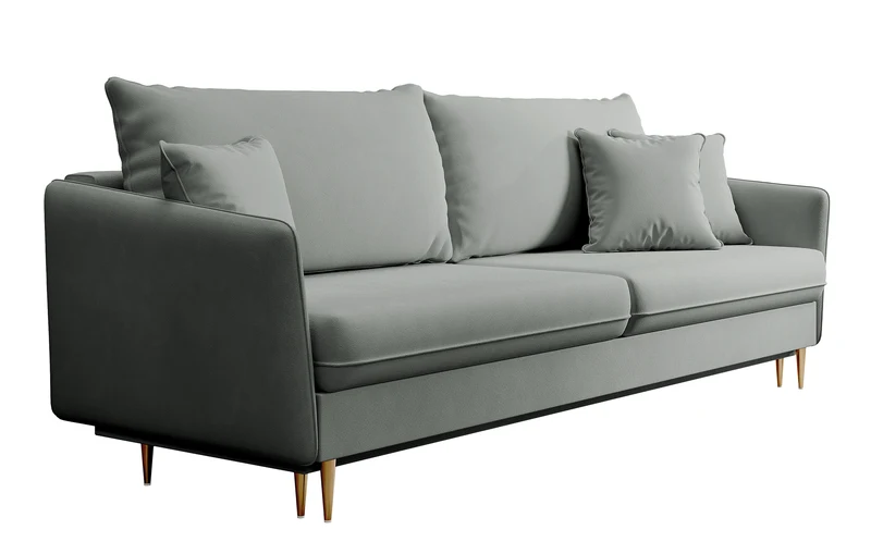 Dreisitziges ausklappbares Sofa Volio, grau, samt, wasserabweisend, goldene Beine