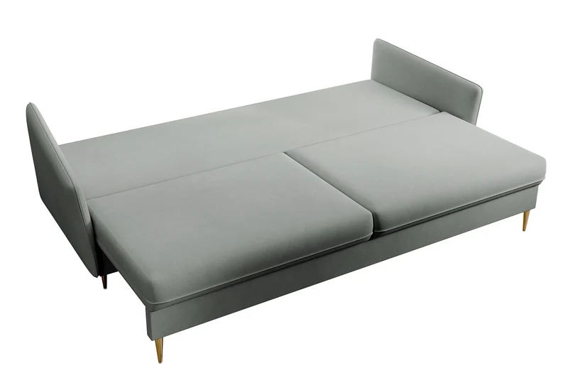 Dreisitziges ausklappbares Sofa Volio, grau, samt, wasserabweisend, goldene Beine