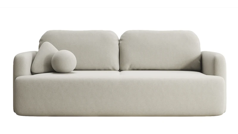 Dreisitziges ausklappbares Sofa Lambina mit Stauraum, hellbeiger, leicht zu reinigender Samtvelours