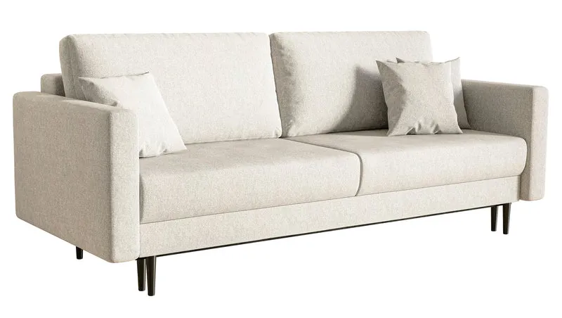 Dreisitziges ausklappbares Sofa Valico in Cremefarbe aus leicht zu reinigendem Chenille-Stoff mit schwarzen Beinen