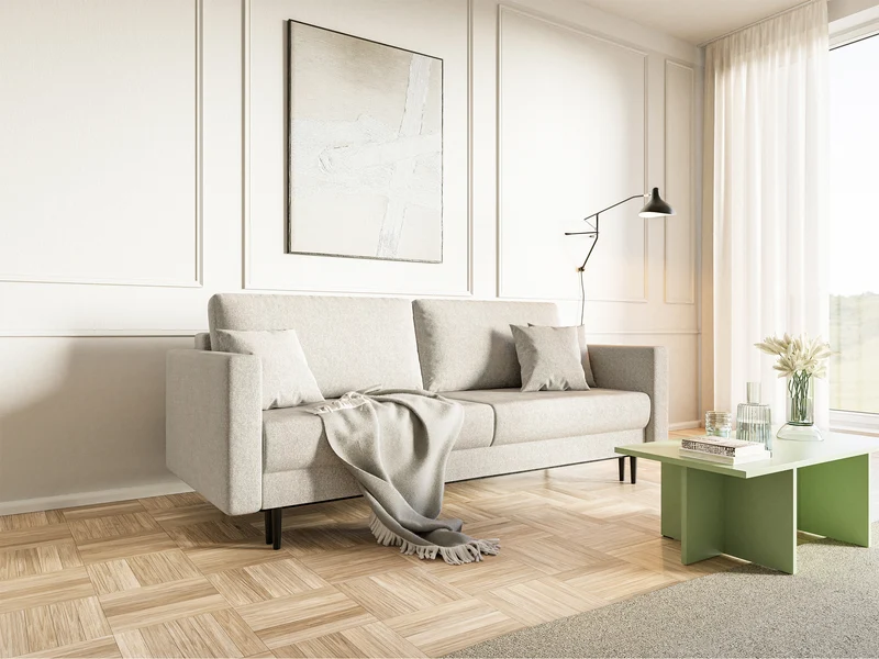 Dreisitziges ausklappbares Sofa Valico in Cremefarbe aus leicht zu reinigendem Chenille-Stoff mit schwarzen Beinen