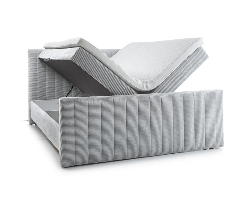 Kontinentalbett Lullabino 160x200 cm mit Stauraum und Topper, hellgrauer Cordstoff