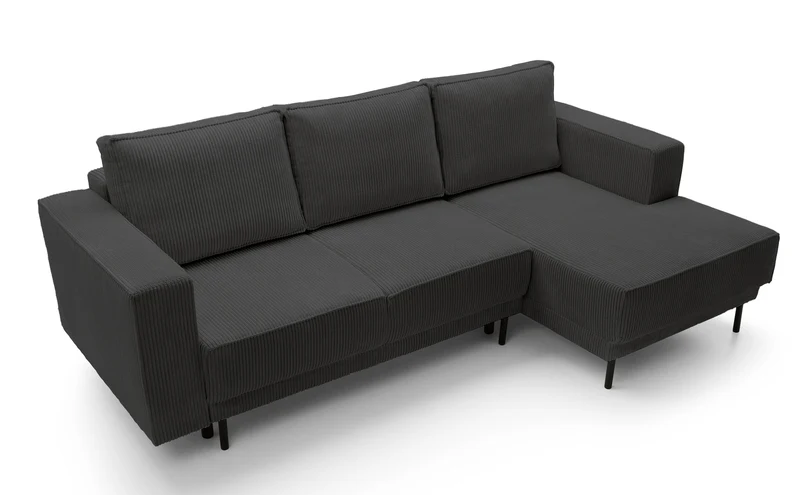 Ecksofa mit Schlaffunktion Rodario Mini, L-förmig, mit Stauraum, dunkelgrauer Cordstoff, rechtsseitig