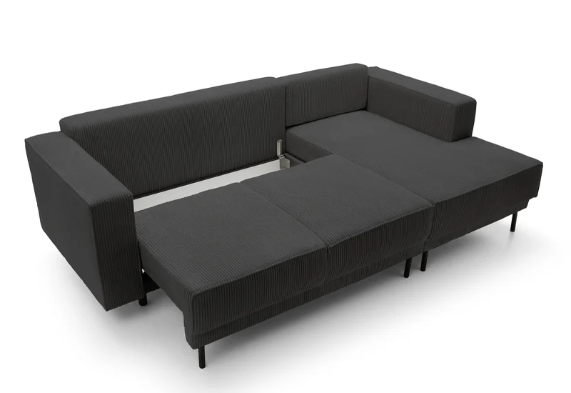 Ecksofa mit Schlaffunktion Rodario Mini, L-förmig, mit Stauraum, dunkelgrauer Cordstoff, rechtsseitig