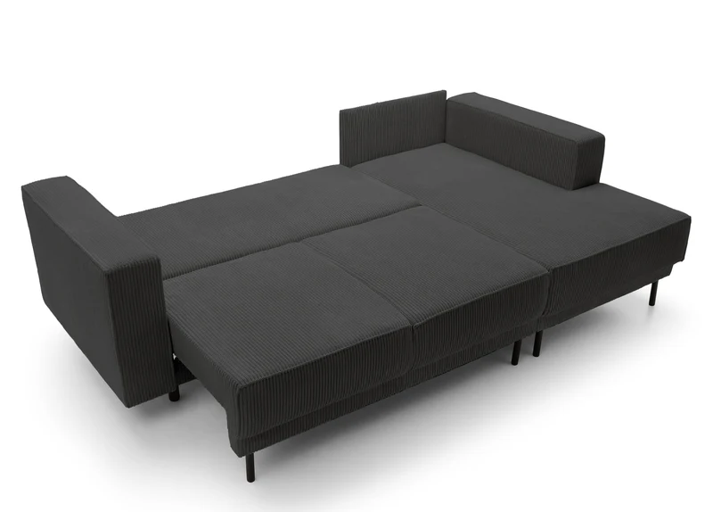 Ecksofa mit Schlaffunktion Rodario Mini, L-förmig, mit Stauraum, dunkelgrauer Cordstoff, rechtsseitig