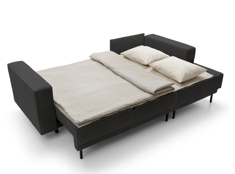 Ecksofa mit Schlaffunktion Rodario Mini, L-förmig, mit Stauraum, dunkelgrauer Cordstoff, rechtsseitig