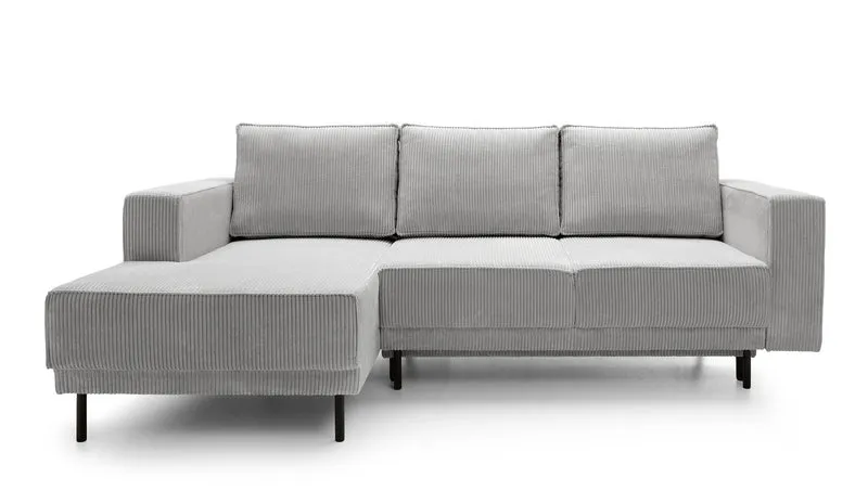 Ecksofa mit Schlafunktion Rodario Mini, L-förmig, mit Stauraum, hellgrauer Cord, linksseitig