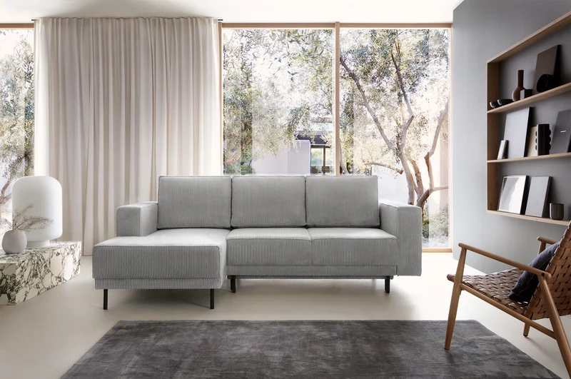 Ecksofa mit Schlafunktion Rodario Mini, L-förmig, mit Stauraum, hellgrauer Cord, linksseitig