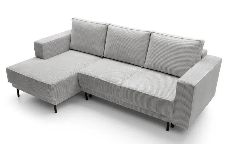Ecksofa mit Schlafunktion Rodario Mini, L-förmig, mit Stauraum, hellgrauer Cord, linksseitig