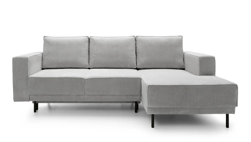 Ecksofa mit Schlaffunktion Rodario Mini, L-förmig, mit Stauraum, hellgrauer Cordstoff, rechtsseitig