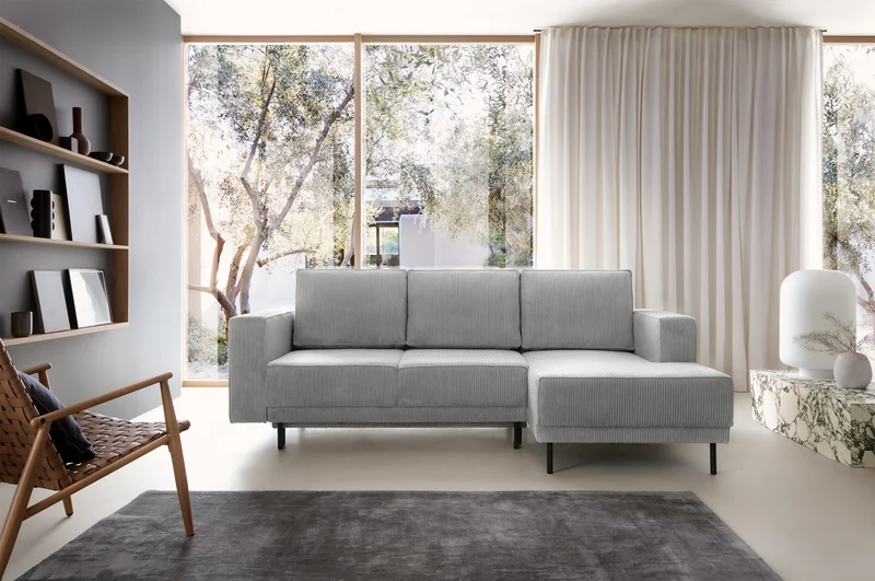 Ecksofa mit Schlaffunktion Rodario Mini, L-förmig, mit Stauraum, hellgrauer Cordstoff, rechtsseitig