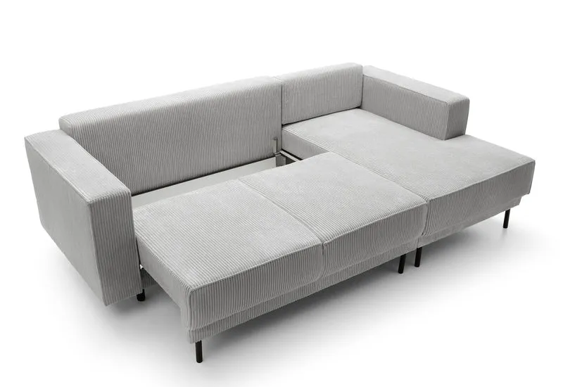 Ecksofa mit Schlaffunktion Rodario Mini, L-förmig, mit Stauraum, hellgrauer Cordstoff, rechtsseitig