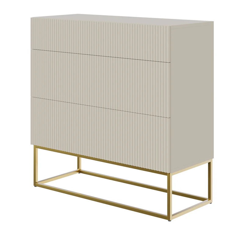 Kommode Veldio mit gefräster Front und drei Schubladen, 90 cm, Grau-Beige mit goldenen Beinen