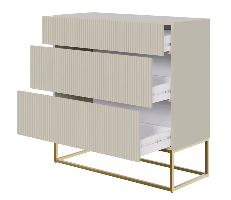 Kommode Veldio mit gefräster Front und drei Schubladen, 90 cm, Grau-Beige mit goldenen Beinen