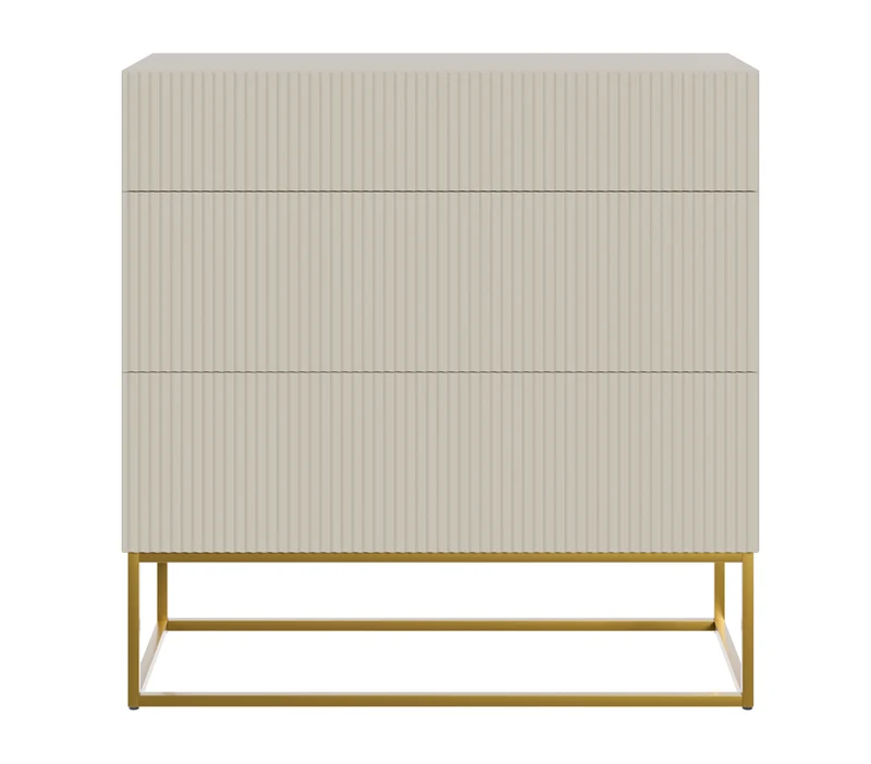 Kommode Veldio mit gefräster Front und drei Schubladen, 90 cm, Grau-Beige mit goldenen Beinen
