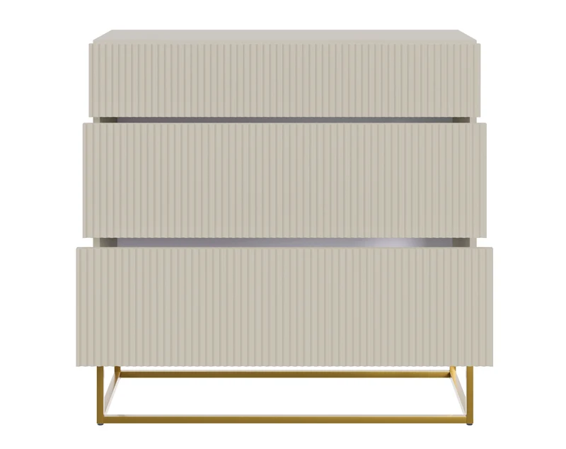 Kommode Veldio mit gefräster Front und drei Schubladen, 90 cm, Grau-Beige mit goldenen Beinen
