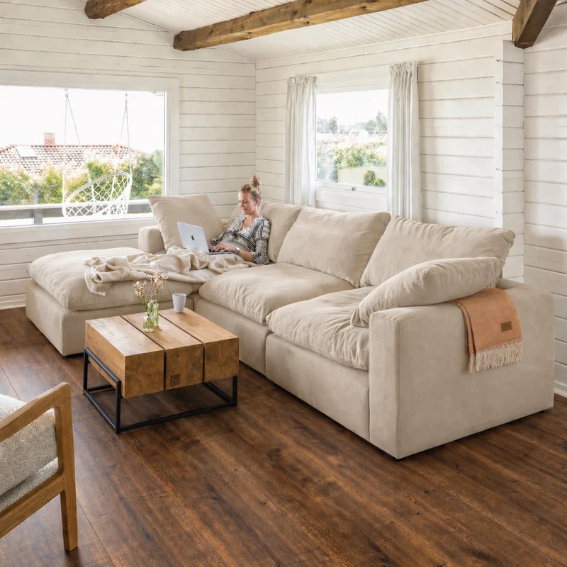 Lazy Modulsofa - 3 Sitzer mit Chaiselongue Links - Stoff Shadow Linen