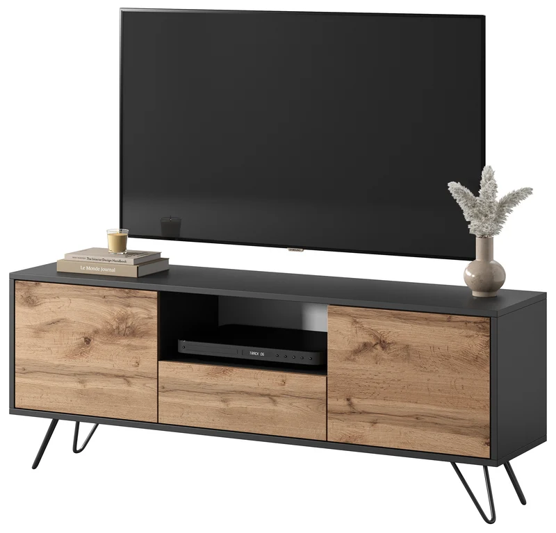 TV-Schrank Ploystea 137 cm Schwarz / Wotan-Eiche