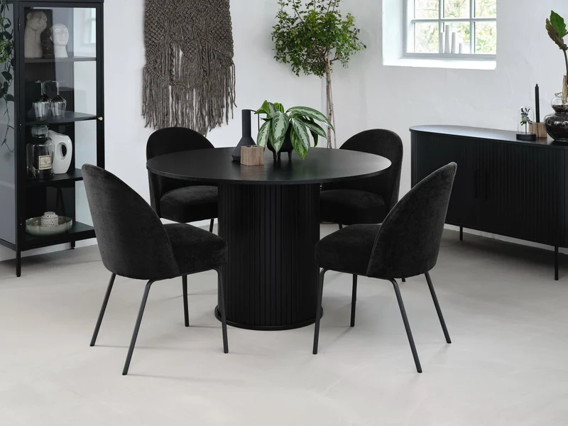 Runder Tisch Gativel 120 cm mit rundem Sockel, Lamellen Eiche Schwarz