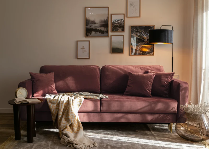 Dreisitziges ausklappbares Sofa Valico, rosa Samt, wasserabweisend