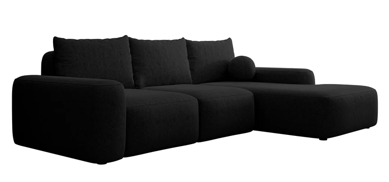 Ecksofa mit Schlaffunktion Carnos, L-förmig mit Ball, einzelne Kissen, schwarzer hydrophober Chenille-Stoff, rechtsseitig