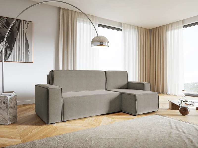 Ecksofa mit Schlaffunktion Copertino, L-förmig, mit Stauraum, universell, grau-beige, wasserabweisender Veloursstoff