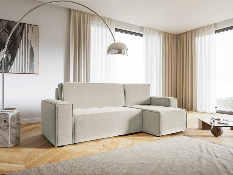 Ecksofa mit Schlaffunktion Copertino, L-förmig, mit Stauraum, universell, hellbeiger hydrophober Samtstoff