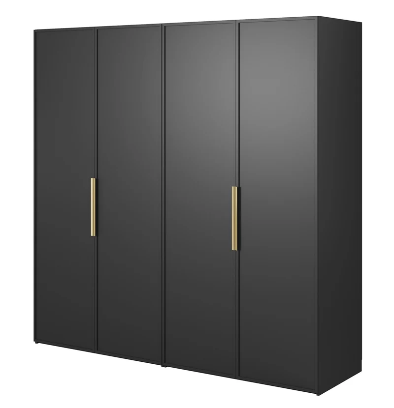 Vier­türiger Frame-Kleiderschrank mit zwei Kleiderstangen und Regalen, 200 cm, Schwarz