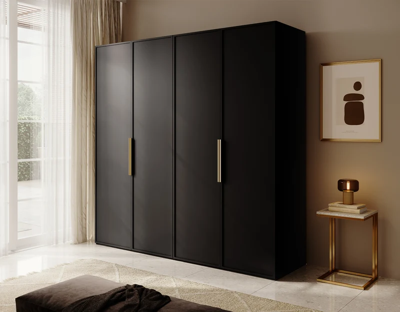 Vier­türiger Frame-Kleiderschrank mit zwei Kleiderstangen und Regalen, 200 cm, Schwarz