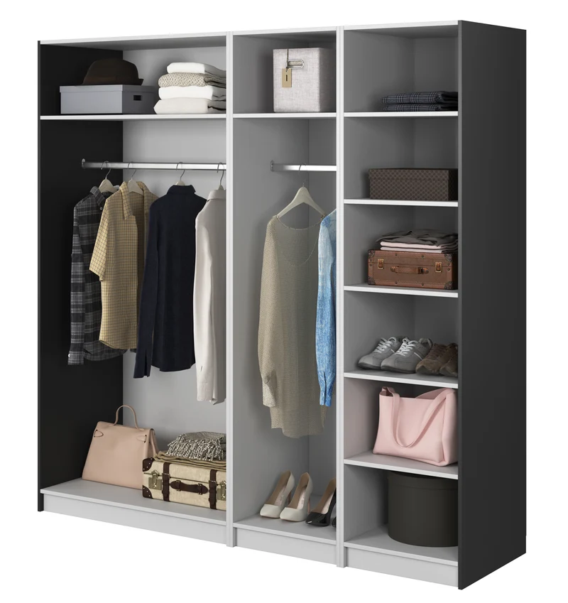 Vier­türiger Frame-Kleiderschrank mit zwei Kleiderstangen und Regalen, 200 cm, Schwarz