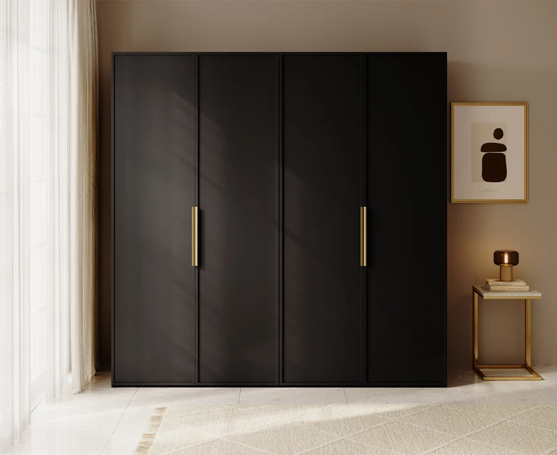 Vier­türiger Frame-Kleiderschrank mit zwei Kleiderstangen und Regalen, 200 cm, Schwarz