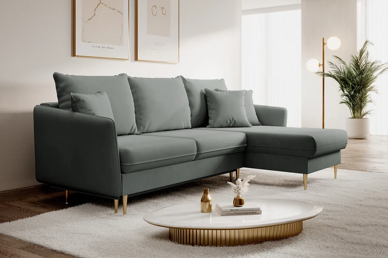 Ecksofa mit Schlaffunktion Volio, grauer wasserabweisender Samt, goldene Beine