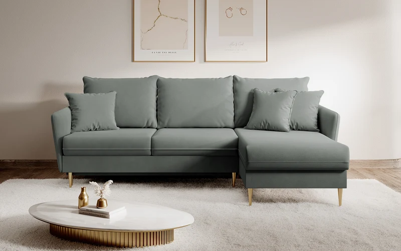 Ecksofa mit Schlaffunktion Volio, grauer wasserabweisender Samt, goldene Beine